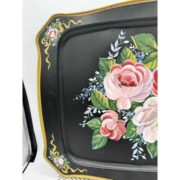 Vintage Black Lithographed Tin Toleware-Style Floral Tray Rectangle 13” x18” - Picture 2 of 7
